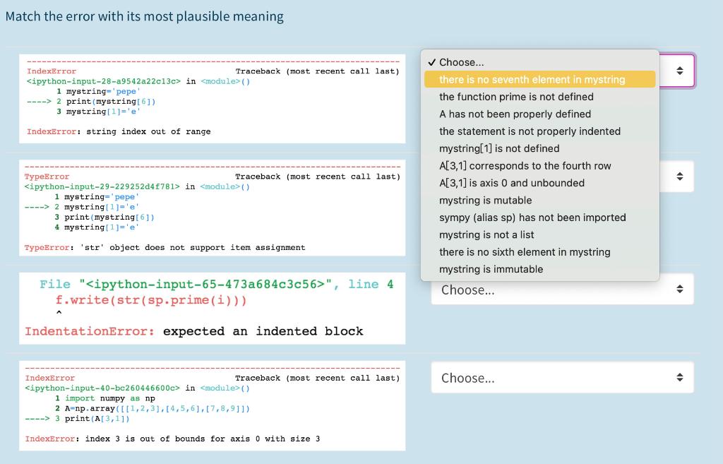 Solved Match The Error With Its Most Plausible Meaning | Chegg.Com