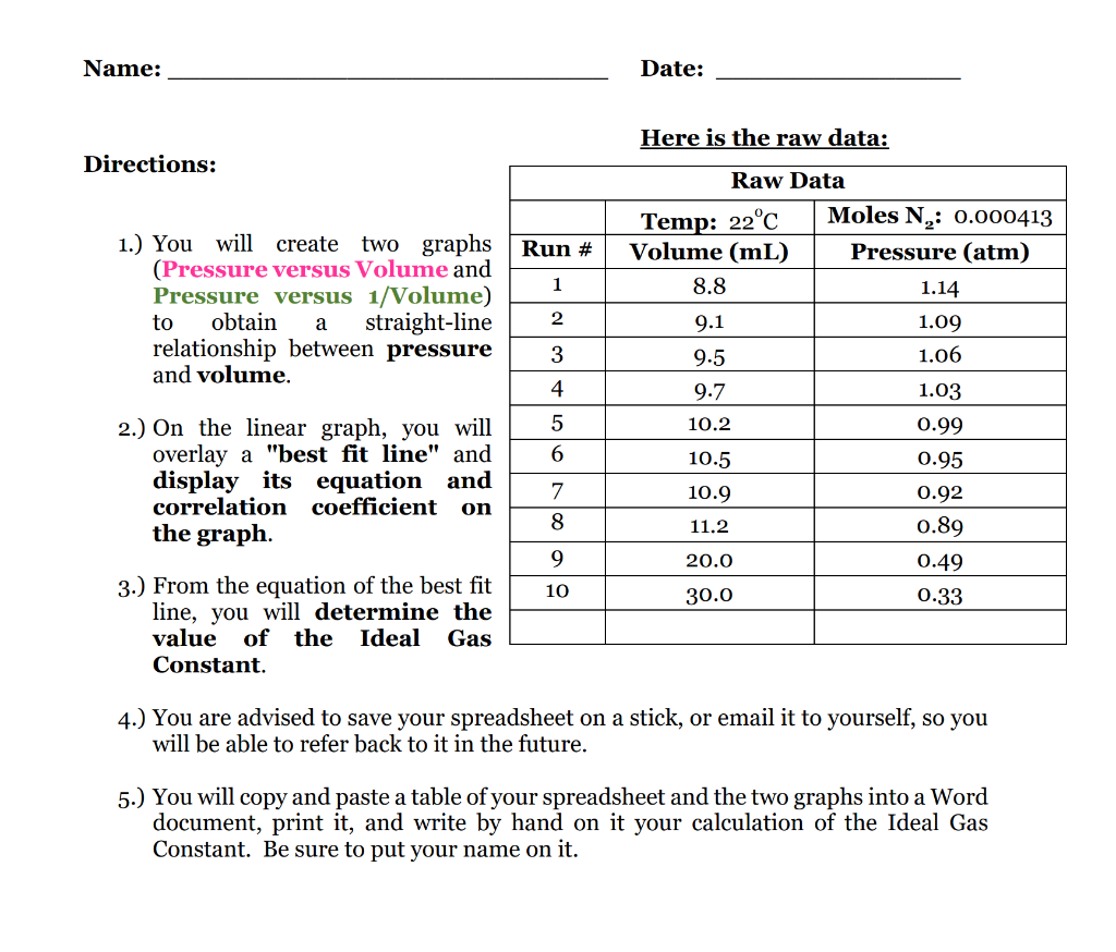 Here is the raw data:
1.) You will create two graphs (Pressure versus Volume and Pressure versus 1/Volume) to obtain a straig