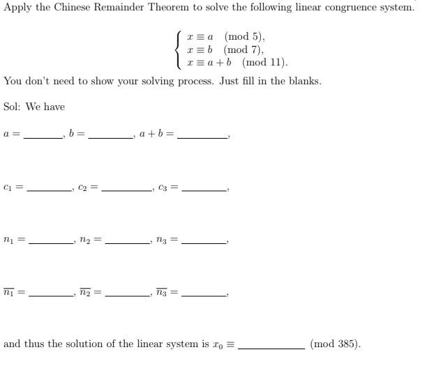 Solved Apply The Chinese Remainder Theorem To Solve The F Chegg Com