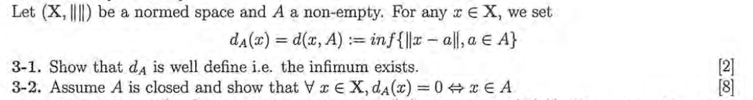 Solved \\[ d_{A}(x)=d(x, A):=\\inf \\{\\|x-a\\|, a \\in A\\} | Chegg.com