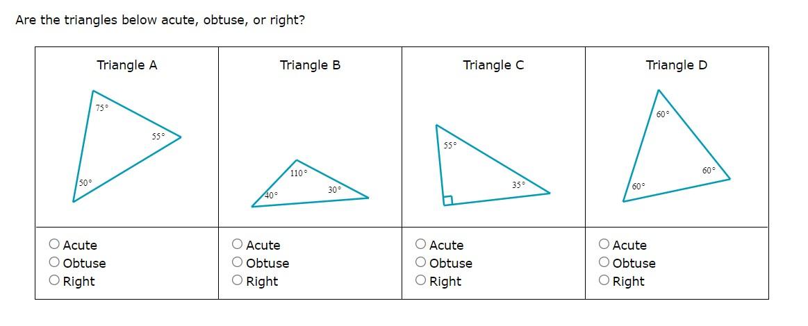 Solved Are the triangles below acute, obtuse, or right? | Chegg.com