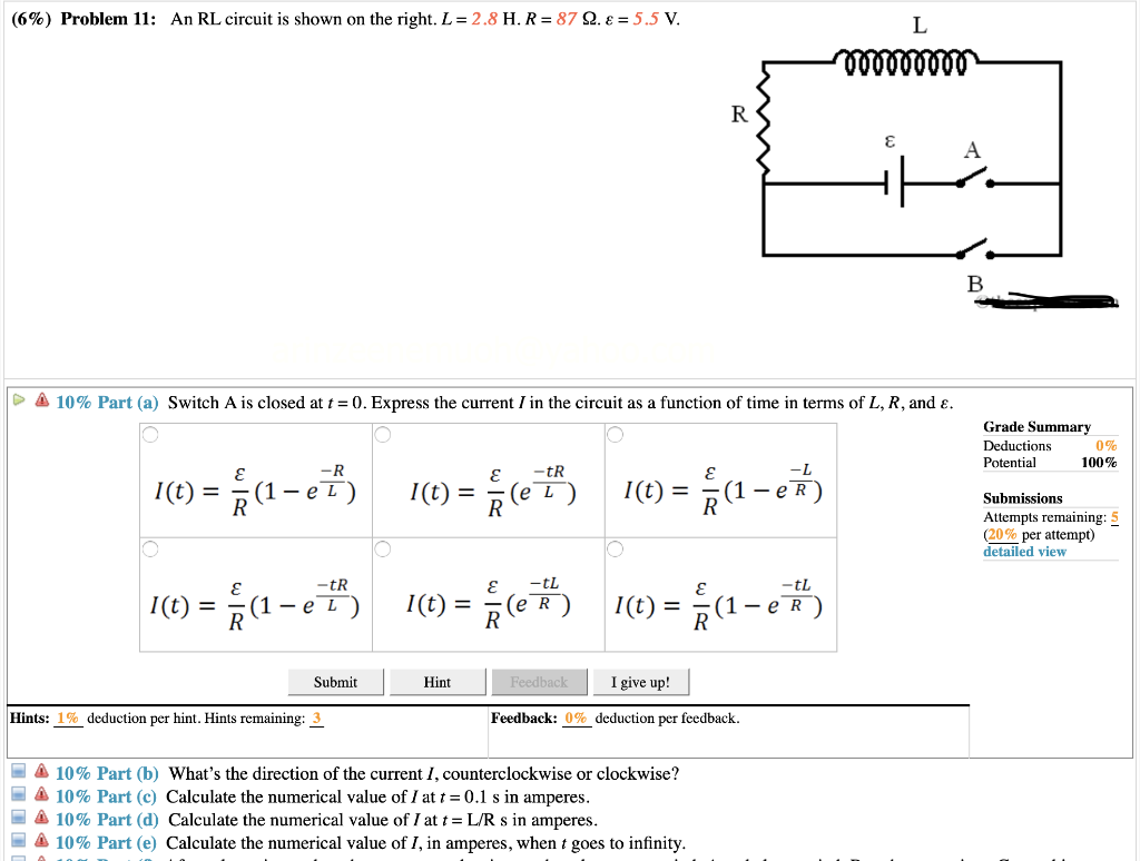 Solved (6%) Problem 11: An RL circuit is shown on the right. | Chegg.com