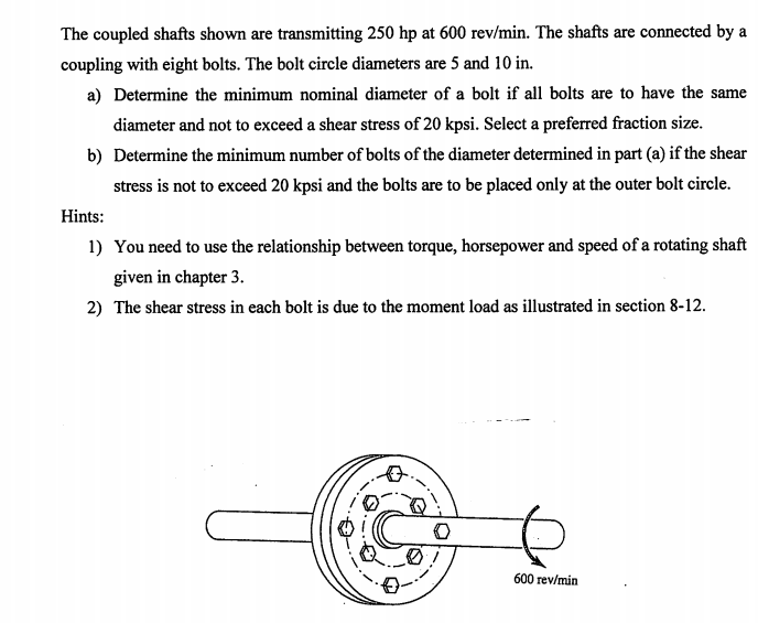 Solved The coupled shafts shown are transmitting 250 hp at