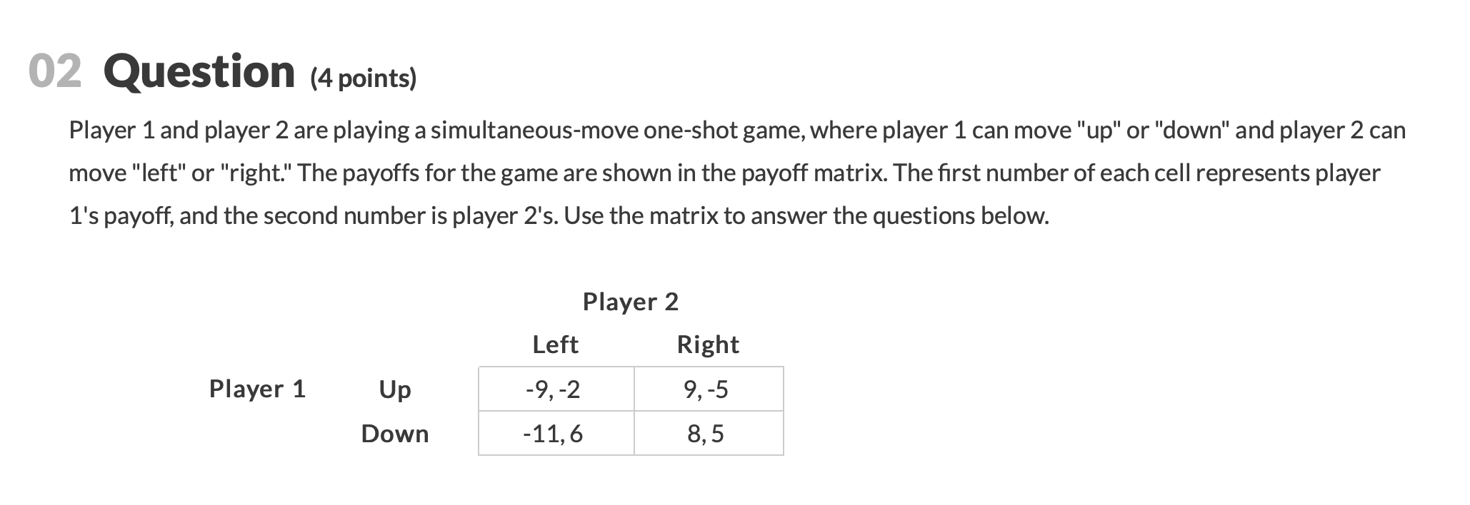 Solved 02 Question (4 points) Player 1 and player 2 are | Chegg.com