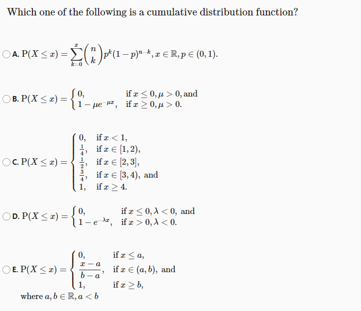 Solved Which One Of The Following Is A Cumulative Distrib Chegg Com
