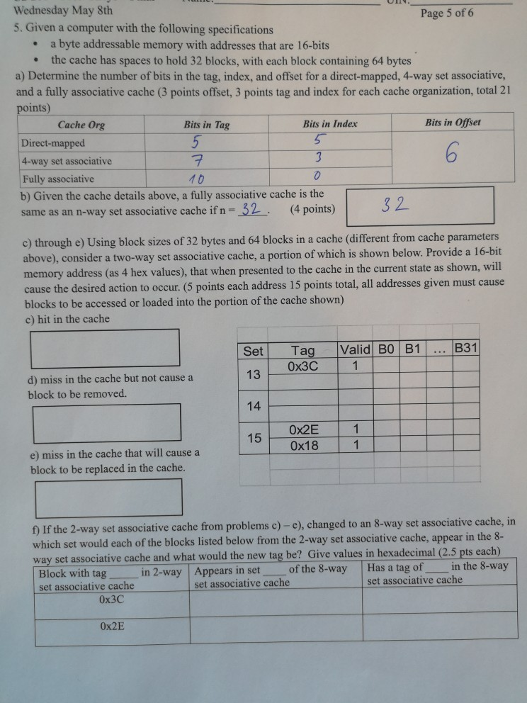 Solved Wednesday May 8th Page 5 of 6 5. Given a computer | Chegg.com