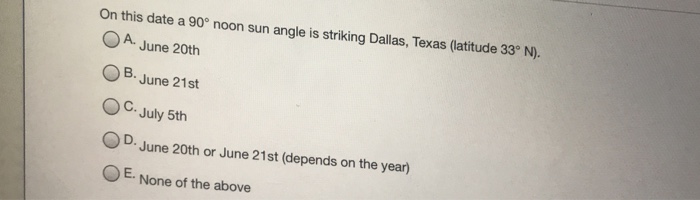 Solved On this date a 90° noon sun angle is striking Dallas, | Chegg.com