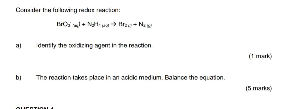 Solved Consider the following redox reaction: BrO3- (aq) + | Chegg.com