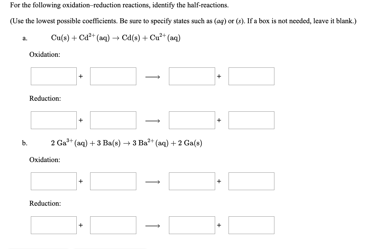Solved For the following oxidationreduction reactions,
