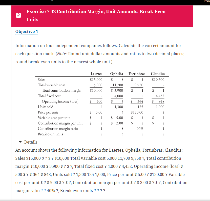 Solved Exercise 7-42 Contribution Margin, Unit Amounts, | Chegg.com