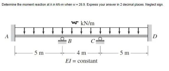 Solved Determine the moment reaction at A in kN-m when w = | Chegg.com