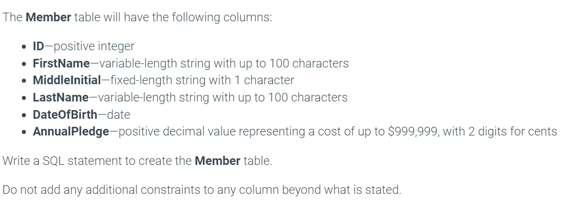 Solved The Member table will have the following columns: - | Chegg.com