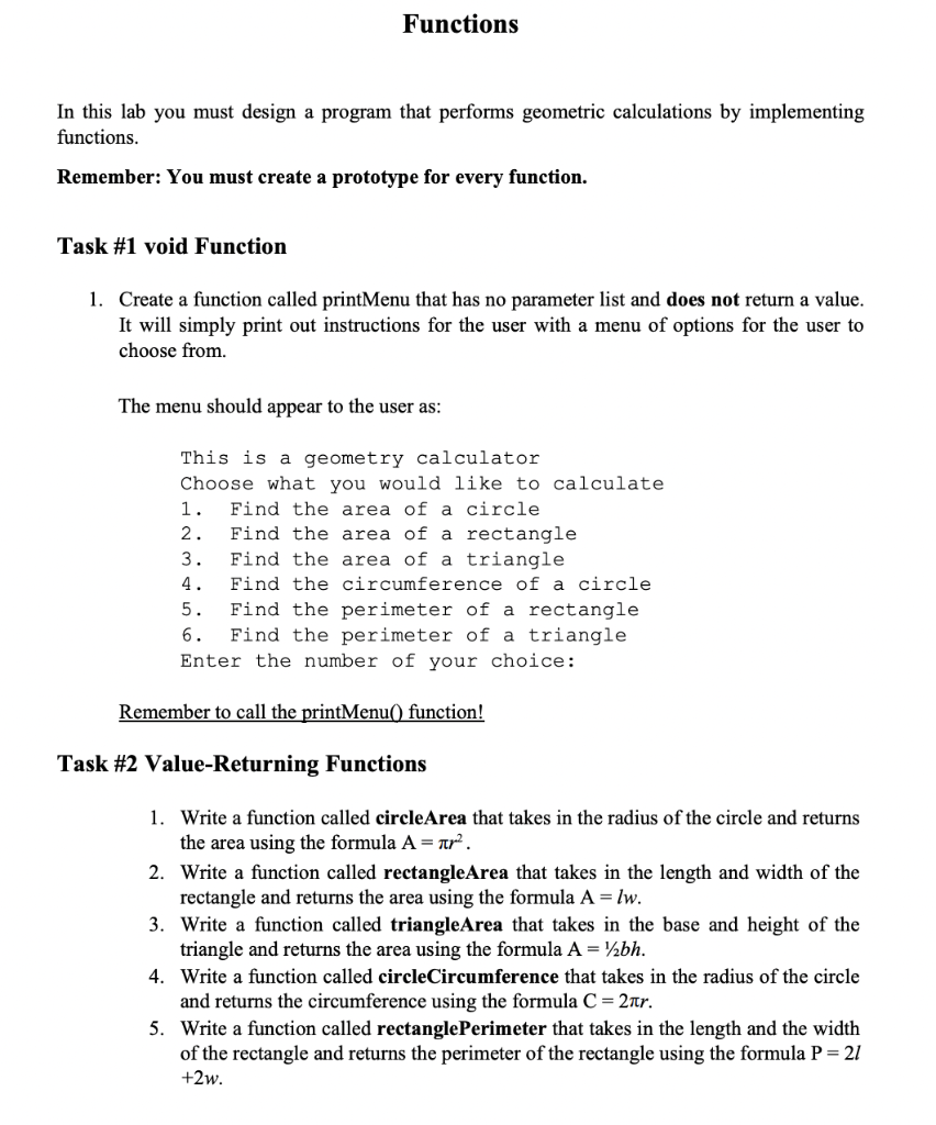 Solved Functions In this lab you must design a program that | Chegg.com