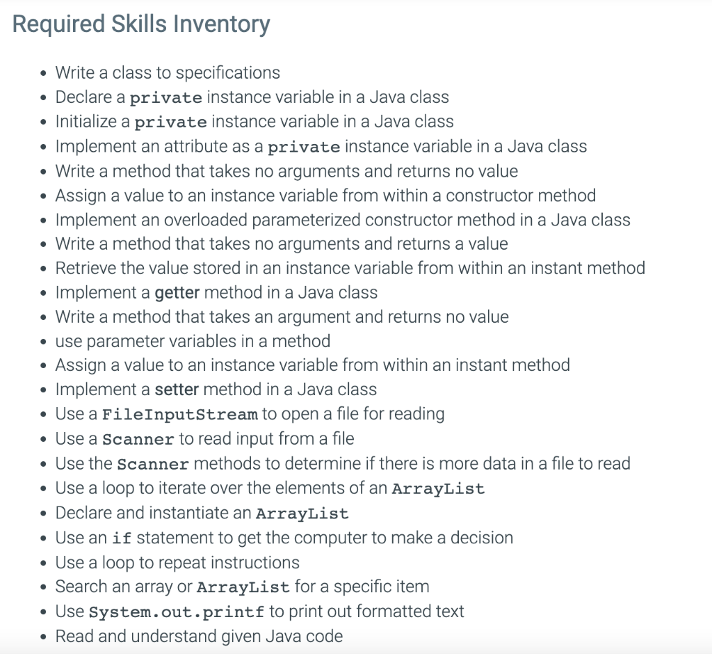 Solved Required Skills Inventory . . . O • Write a class to | Chegg.com