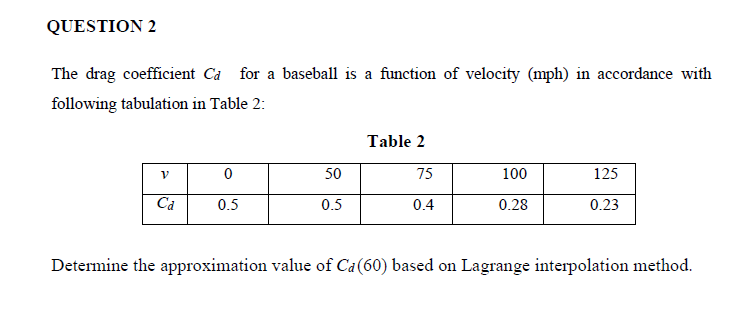Solved QUESTION 2 The drag coefficient Cd for a baseball is | Chegg.com