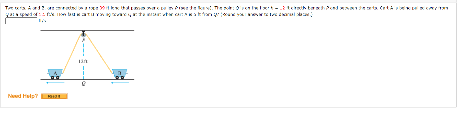 Solved Two Carts, A And B, Are Connected By A Rope 39 Ft | Chegg.com