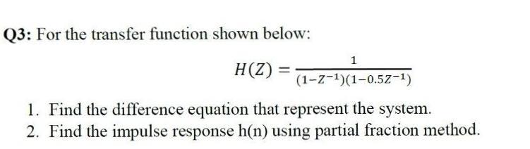 Solved Q3: For the transfer function shown below: 1 H(Z) = | Chegg.com