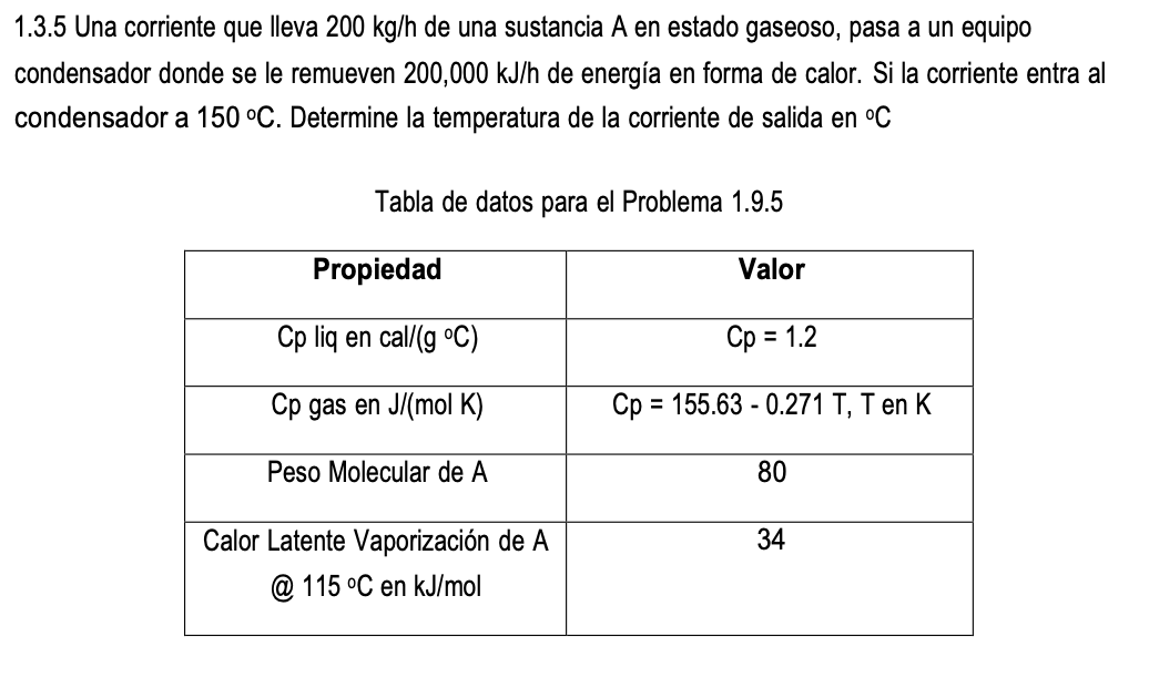 1.3.5 Una corriente que lleva \( 200 \mathrm{~kg} / \mathrm{h} \) de una sustancia \( \mathrm{A} \) en estado gaseoso, pasa a