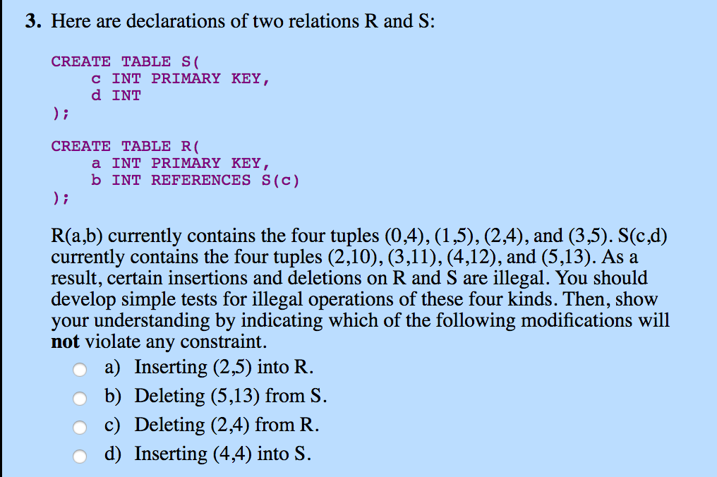 Solved 3. Here are declarations of two relations R and S: | Chegg.com
