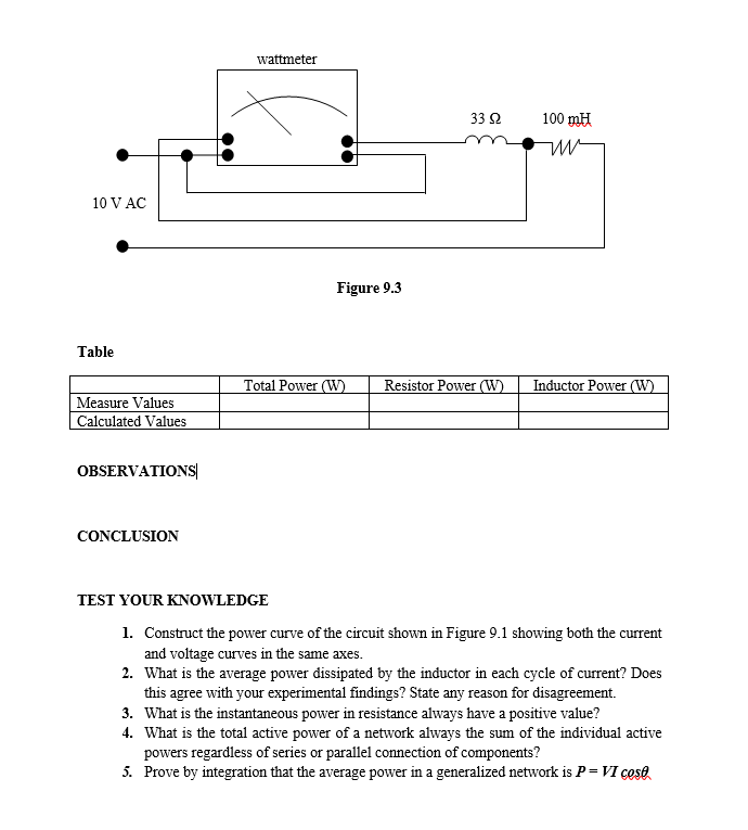 wattmeter
10 V AC
100 mH
Table
Resistor Power (W)
Inductor Power (W)
Measure Values
Calculated Values
OBSERVATIONS
CONCLUSION