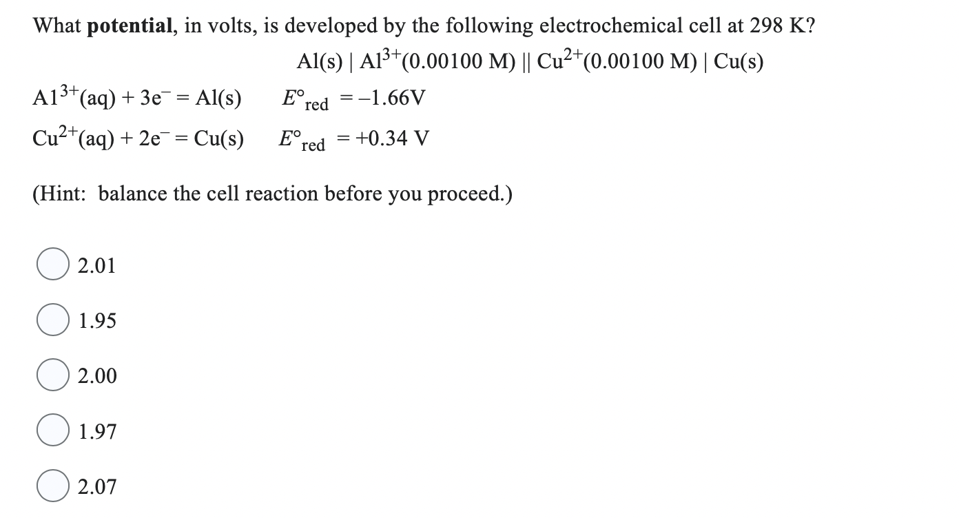 Solved What potential, in volts, is developed by the | Chegg.com