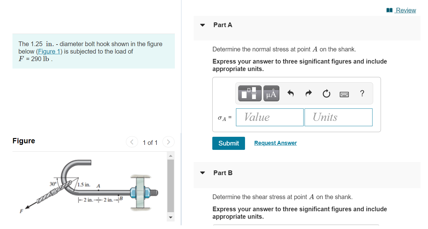 Solved In Review Part A The 1.25 in. - diameter bolt hook | Chegg.com