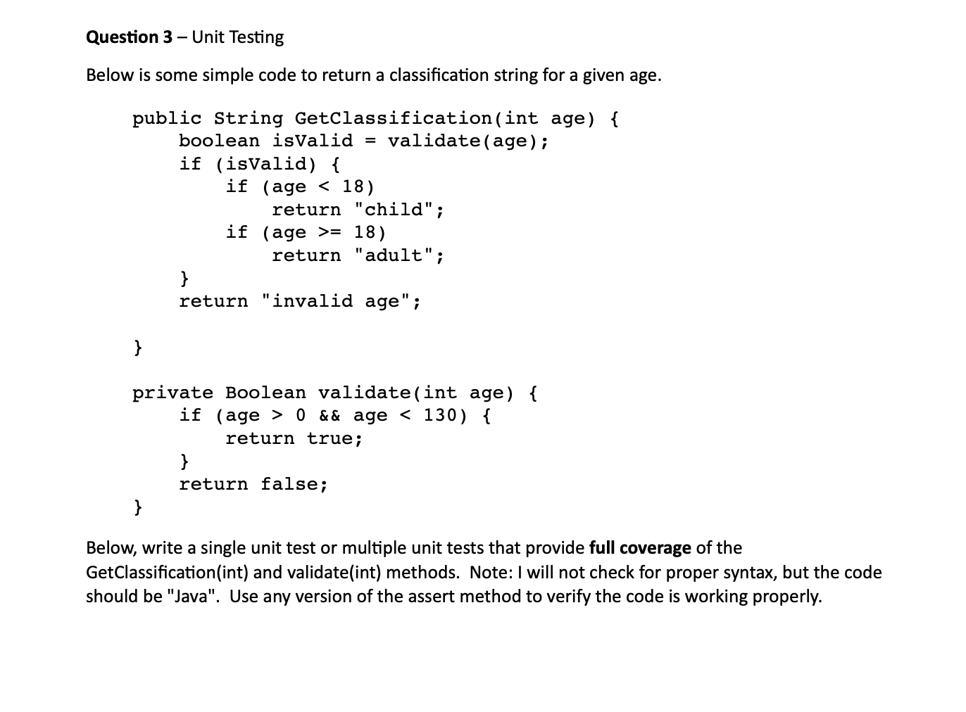 Solved Question 3 - Unit Testing Below is some simple code | Chegg.com