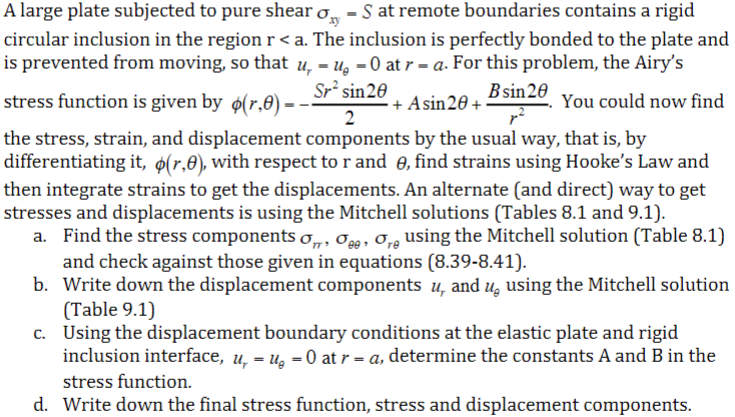 A large plate subjected to pure shear σxy=S at remote | Chegg.com