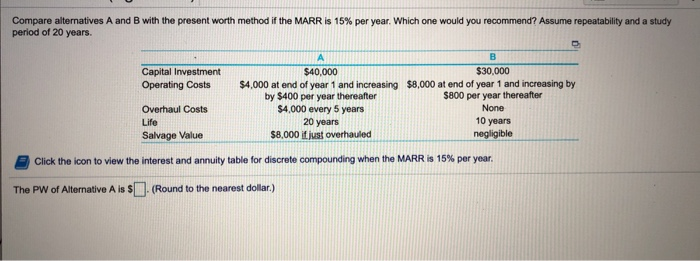 Solved Compare Alternatives A And B With The Present Worth | Chegg.com