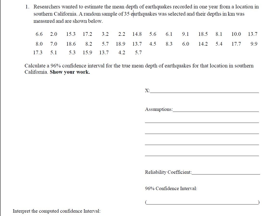 Solved 1. Researchers wanted to estimate the mean depth of | Chegg.com