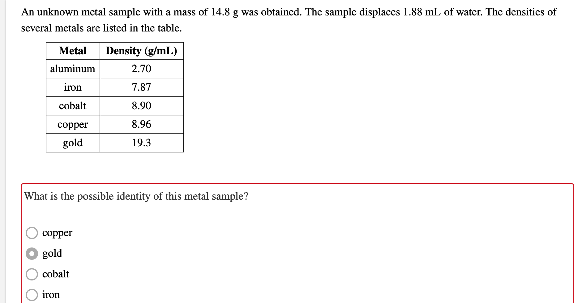 Solved An unknown metal sample with a mass of 14.8 g was
