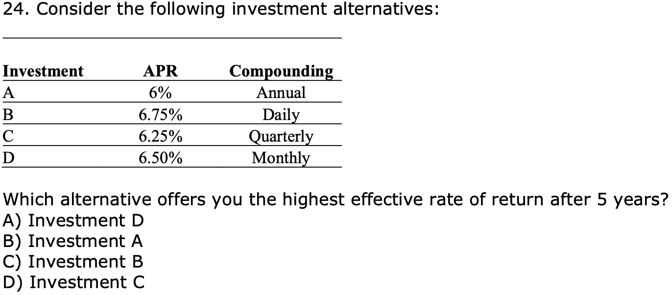 Solved 24. Consider The Following Investment Alternatives: | Chegg.com