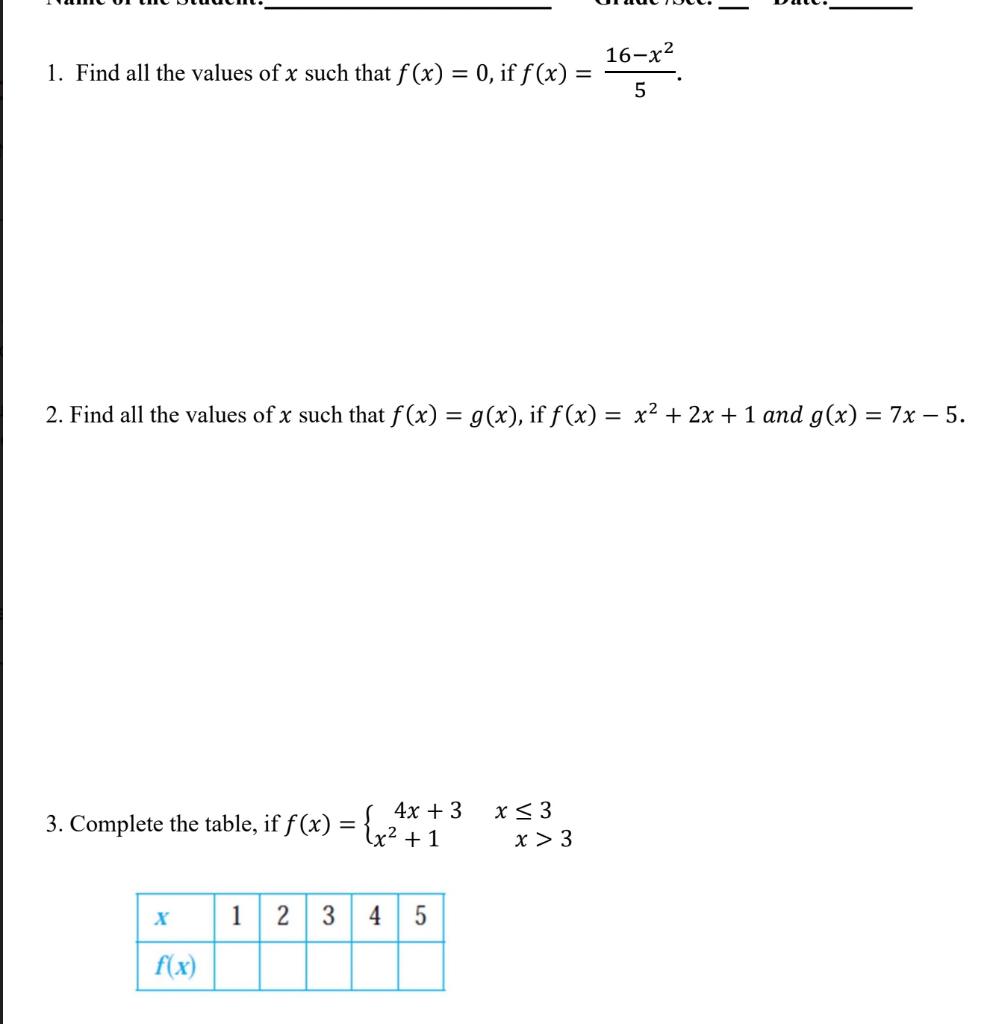Solved 1. Find all the values of x such that f(x)=0, if | Chegg.com