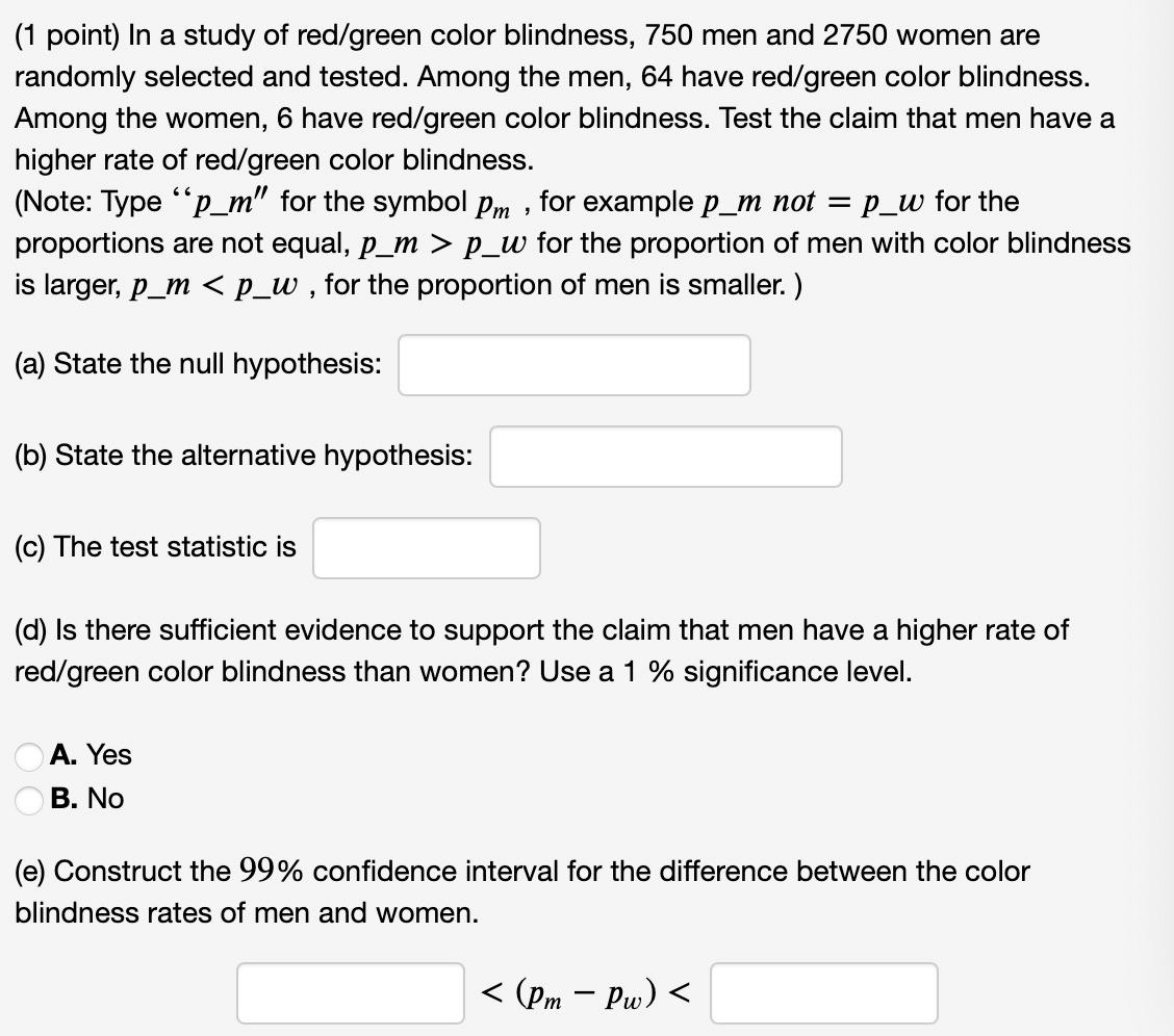 solved-1-point-in-a-study-of-red-green-color-blindness-chegg