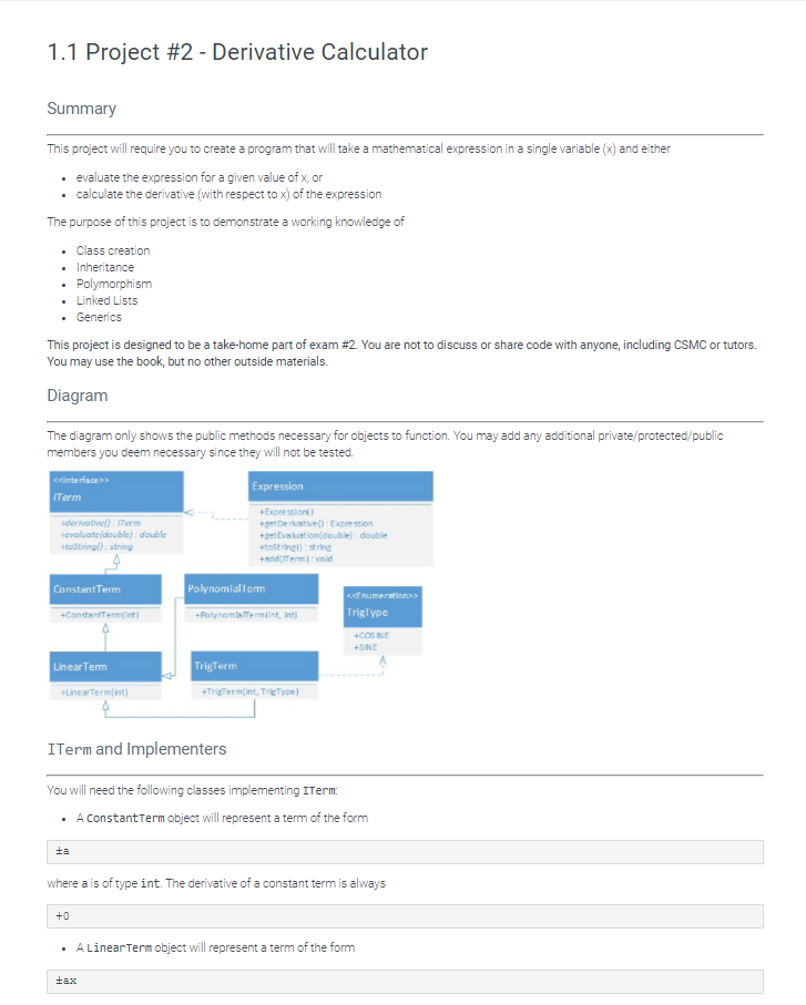 Solved 1.1 Project #2 - Derivative Calculator Summary This | Chegg.com