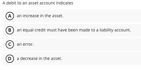 Solved A debit to an asset account indicatesan increase in | Chegg.com