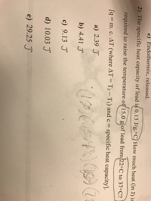 Solved The specific heat capacity of lead is 0.13 J/g.