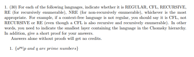 Solved 1. (30) For each of the following languages, indicate | Chegg.com