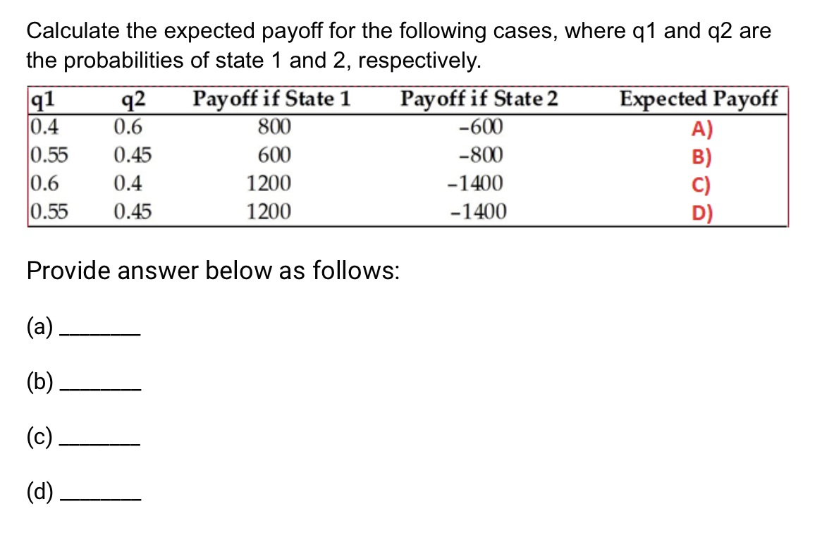 Solved Q1 Calculate The Expected Payoff For The Following | Chegg.com