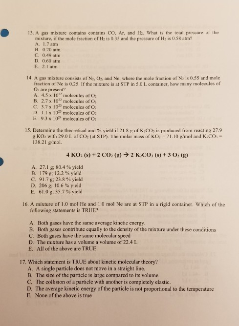 Solved 13. A gas mixture contains contains CO, Ar, and Hz. | Chegg.com