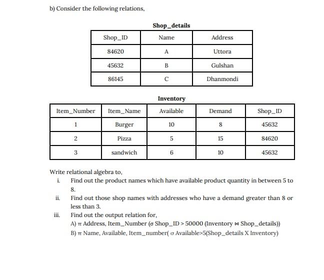 Solved b) Consider the following relations, Tnventerv Write | Chegg.com