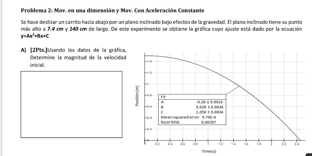 Problema 2: Mov. en una dimensión y Mov. Con Aceleración Constante Se hace deslizar un carrito hacia abajo por un plano incli