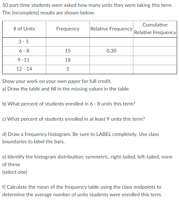 Solved 50 part-time students were asked how many units they 