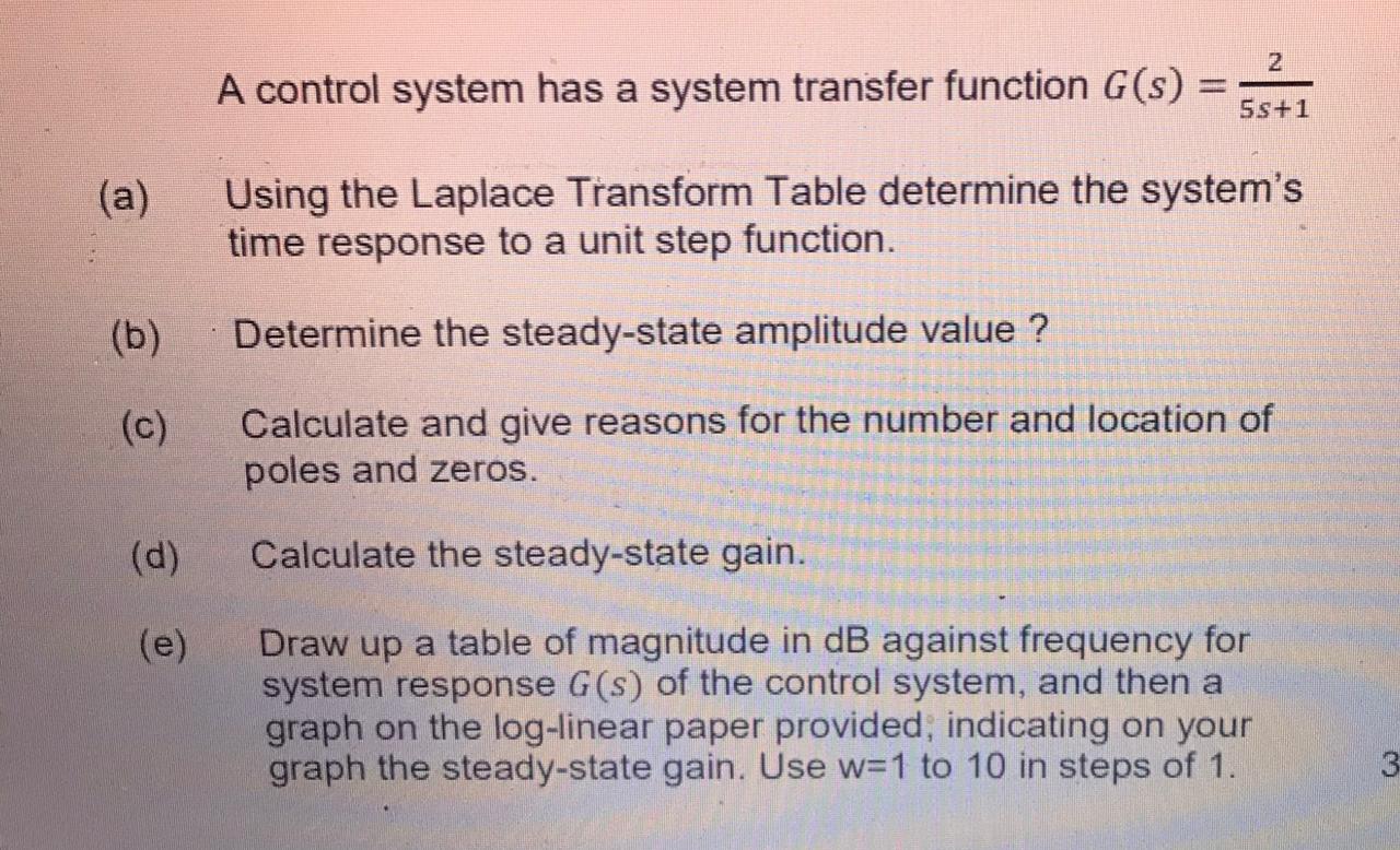 Solved 2 A control system has a system transfer function | Chegg.com
