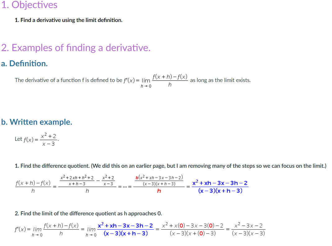 Solved 1. Objectives 1. Find a derivative using the limit | Chegg.com