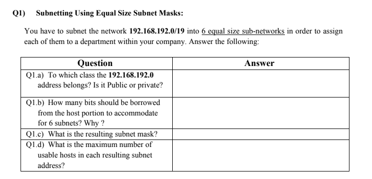 Solved Q1) Subnetting Using Equal Size Subnet Masks: You | Chegg.com