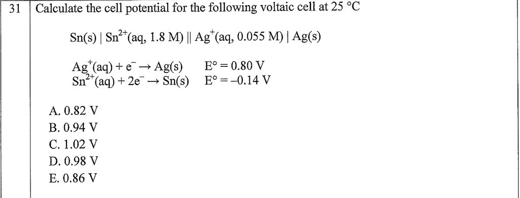 Solved 31 Calculate the cell potential for the following | Chegg.com