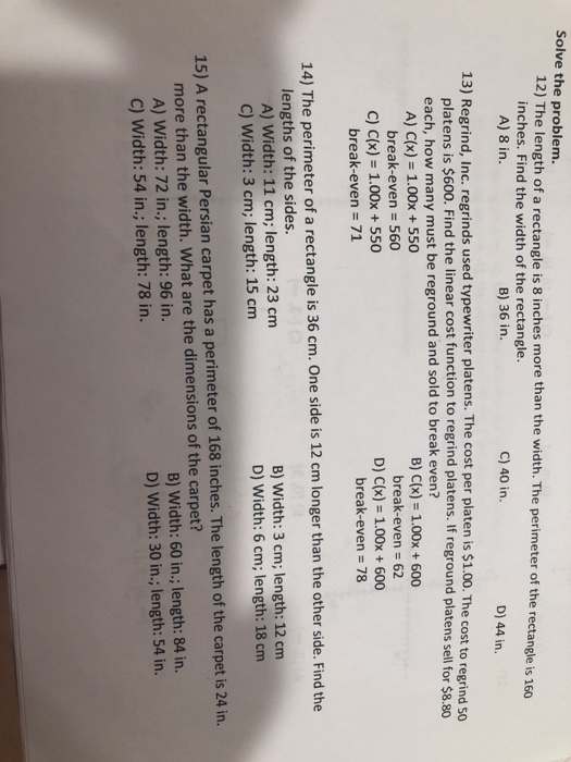 Solved Solve the problem. 12) The length of a rectangle is 8 | Chegg.com