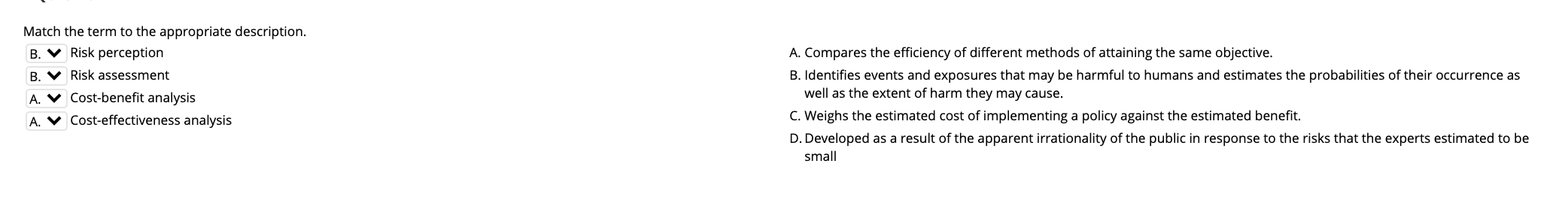 Match the term to the appropriate description. B. V Risk perception B. V Risk assessment A. V Cost-benefit analysis A. V Cost