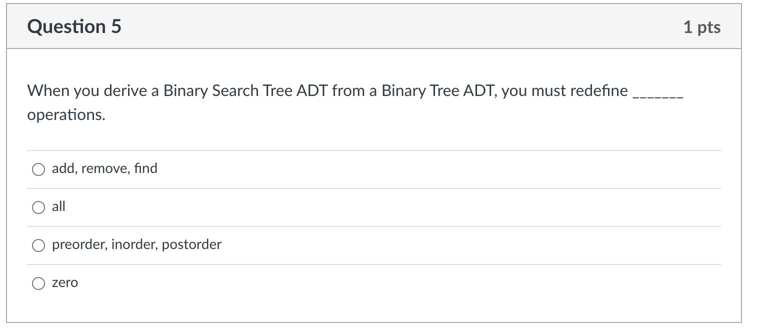 Solved Question 5 1 pts When you derive a Binary Search Tree | Chegg.com